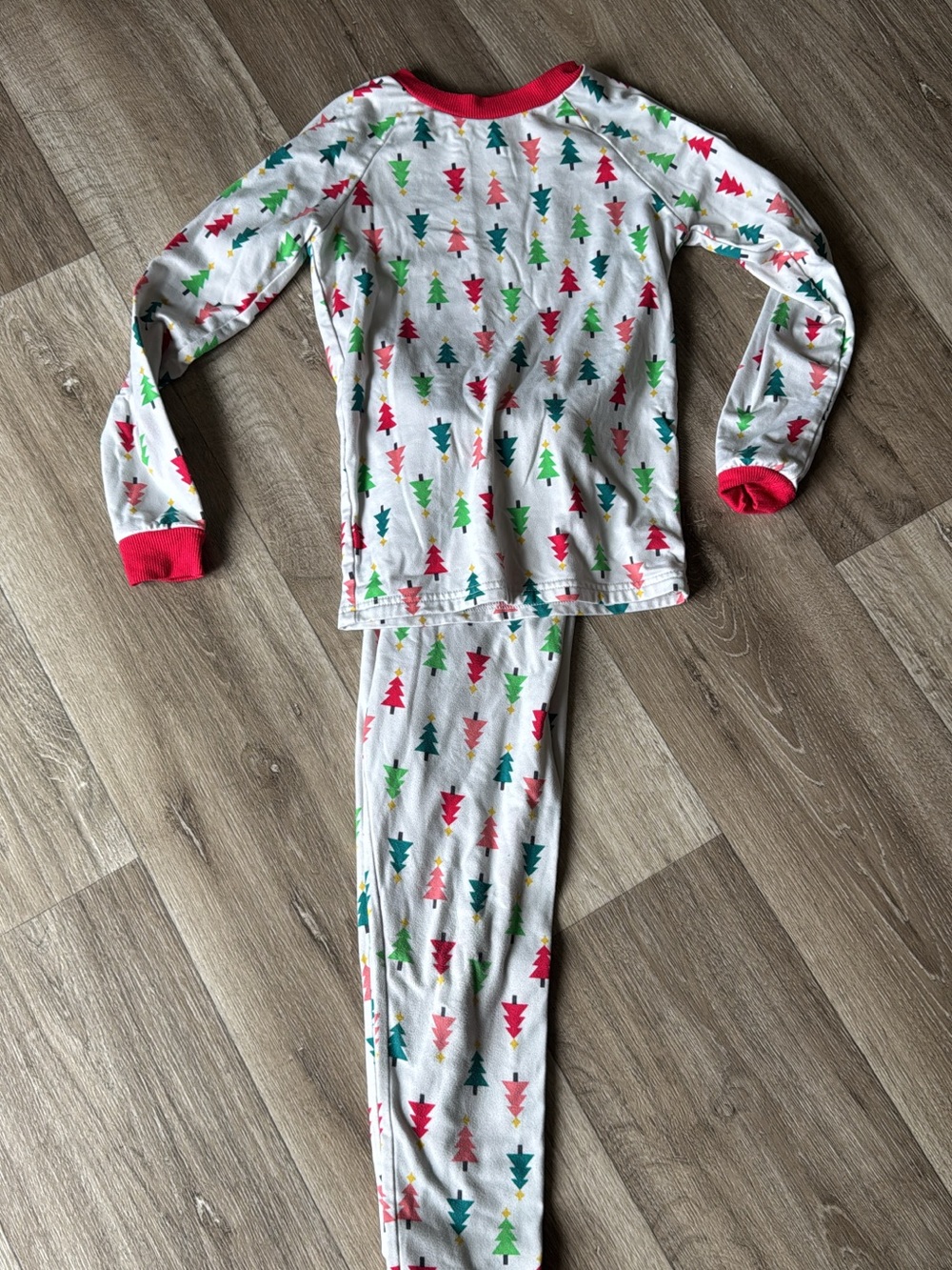 Kids Holiday Tree Print Pajama Set - White with Red Trim